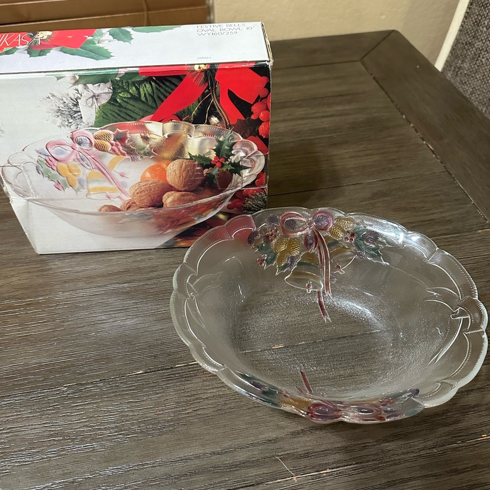 Vintage Mikasa Festive Bells 10inch oval crystal bowl